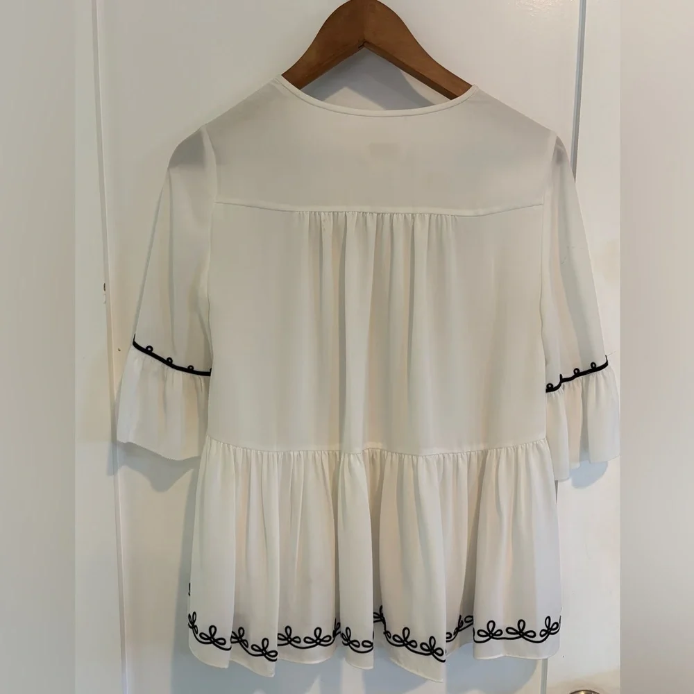 Kate Spade White Black Pom Pom Embroidered Peplum Blouse XS